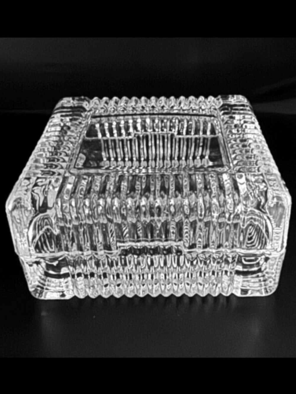 VTG Clear Glass Ribbed Square W Step Down Geometric Lidded Trinket Jewelry Box